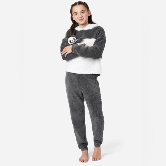 Justice Girls Hooded Sherpa Panda Pajamas 3-Piece PJ Set w/Panda Sleepover Plush - Picture 1 of 10